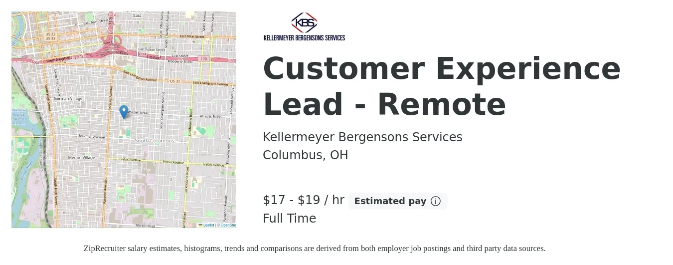 Kellermeyer Bergensons Services job posting for a Customer Experience Lead - Remote in Columbus, OH with a salary of $18 to $20 Hourly with a map of Columbus location.