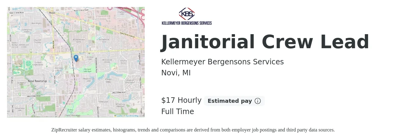 Kellermeyer Bergensons Services job posting for a Janitorial Crew Lead in Novi, MI with a salary of $18 Hourly with a map of Novi location.