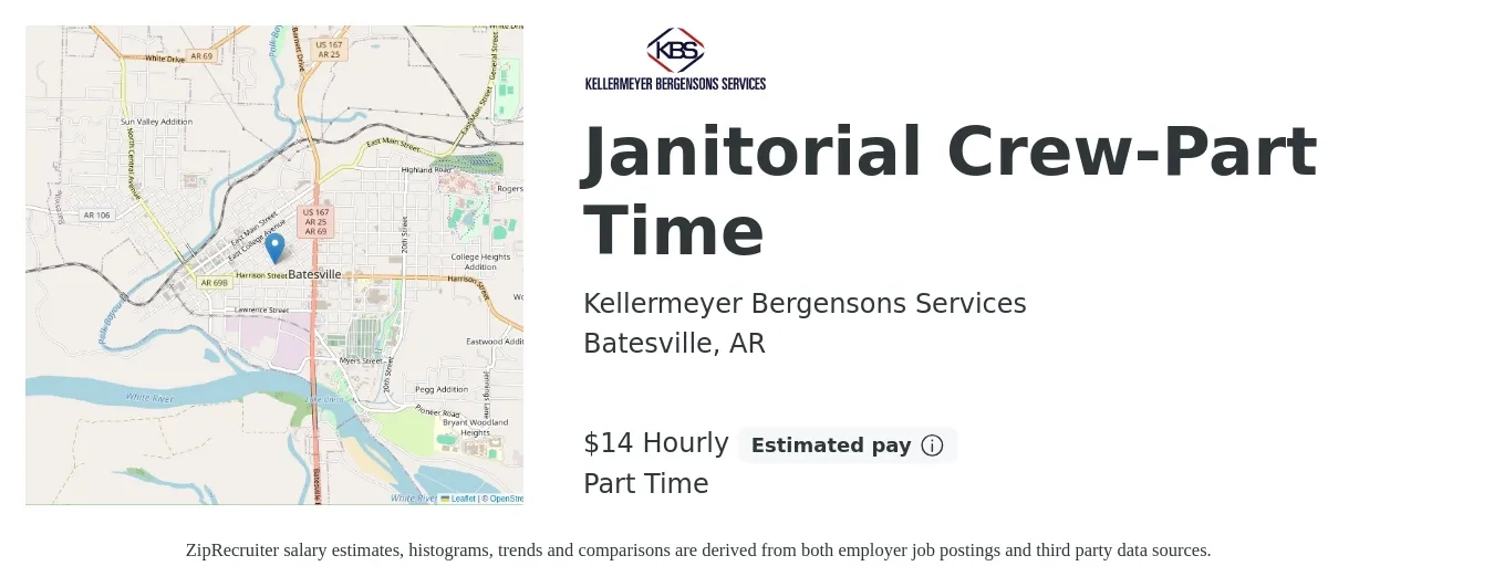Kellermeyer Bergensons Services job posting for a Janitorial Crew-Part Time in Batesville, AR with a salary of $15 Hourly with a map of Batesville location.