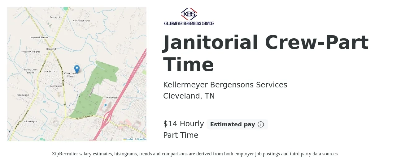 Kellermeyer Bergensons Services job posting for a Janitorial Crew-Part Time in Cleveland, TN with a salary of $15 Hourly with a map of Cleveland location.