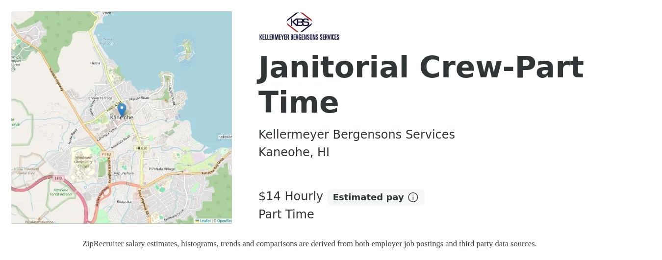 Kellermeyer Bergensons Services job posting for a Janitorial Crew-Part Time in Kaneohe, HI with a salary of $15 Hourly with a map of Kaneohe location.