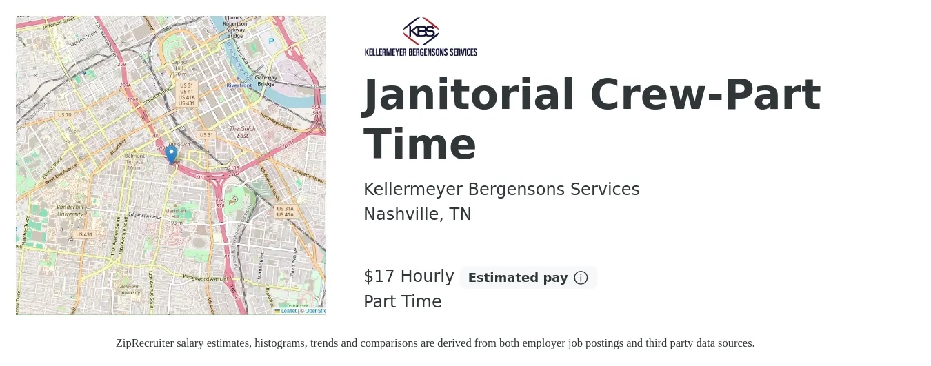 Kellermeyer Bergensons Services job posting for a Janitorial Crew-Part Time in Nashville, TN with a salary of $18 Hourly with a map of Nashville location.