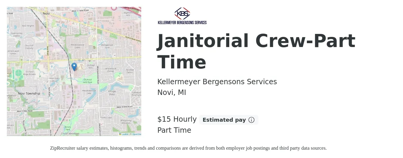 Kellermeyer Bergensons Services job posting for a Janitorial Crew-Part Time in Novi, MI with a salary of $16 Hourly with a map of Novi location.