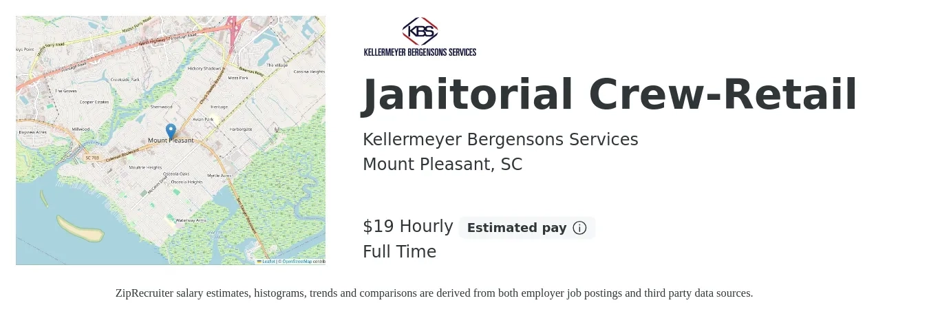 Kellermeyer Bergensons Services job posting for a Janitorial Crew-Retail in Mount Pleasant, SC with a salary of $20 Hourly with a map of Mount Pleasant location.