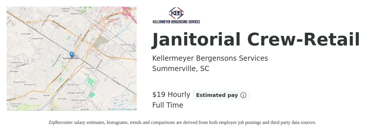 Kellermeyer Bergensons Services job posting for a Janitorial Crew-Retail in Summerville, SC with a salary of $20 Hourly with a map of Summerville location.