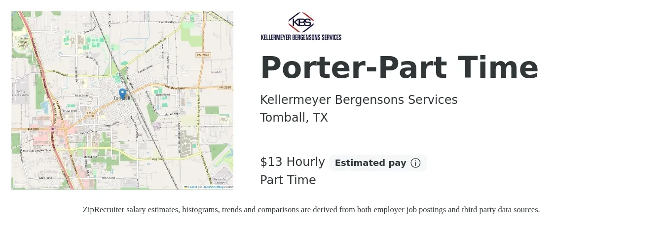 Kellermeyer Bergensons Services job posting for a Porter-Part Time in Tomball, TX with a salary of $14 Hourly with a map of Tomball location.