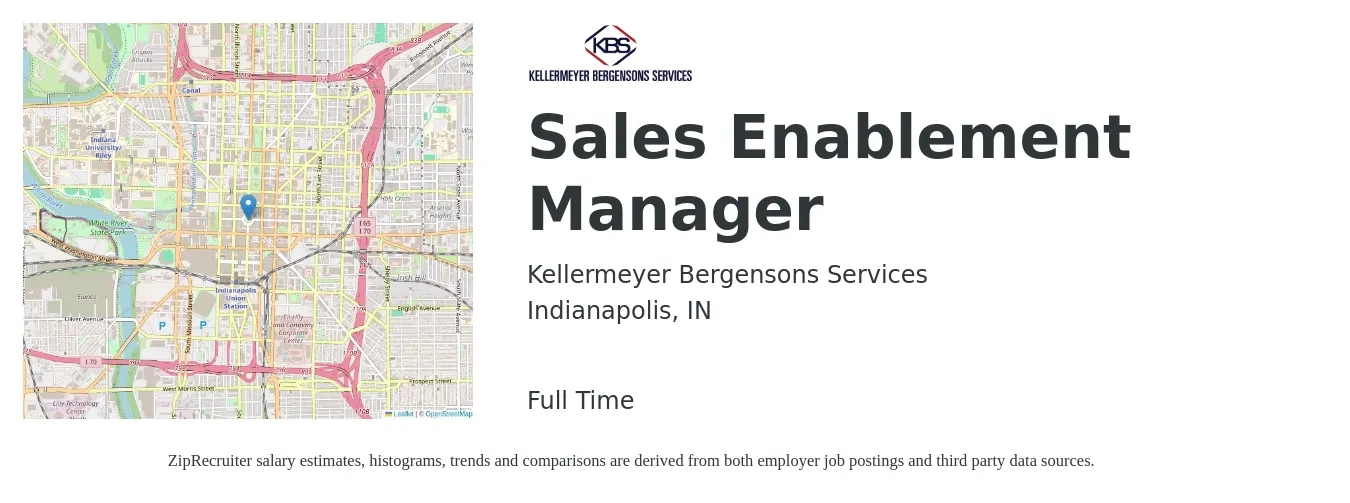 Kellermeyer Bergensons Services job posting for a Sales Enablement Manager in Indianapolis, IN with a salary of $105,000 to $120,000 Yearly with a map of Indianapolis location.