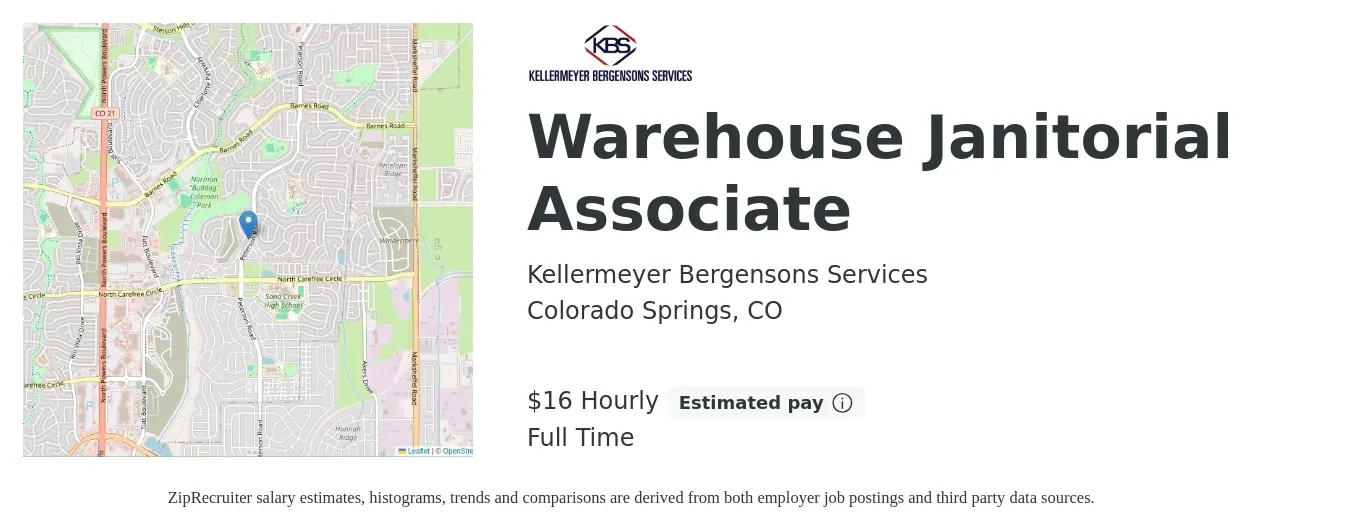 Kellermeyer Bergensons Services job posting for a Warehouse Janitorial Associate in Colorado Springs, CO with a salary of $17 Hourly with a map of Colorado Springs location.