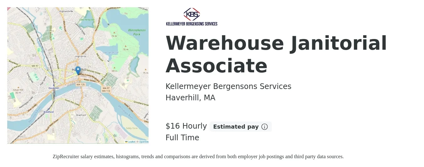 Kellermeyer Bergensons Services job posting for a Warehouse Janitorial Associate in Haverhill, MA with a salary of $17 Hourly with a map of Haverhill location.