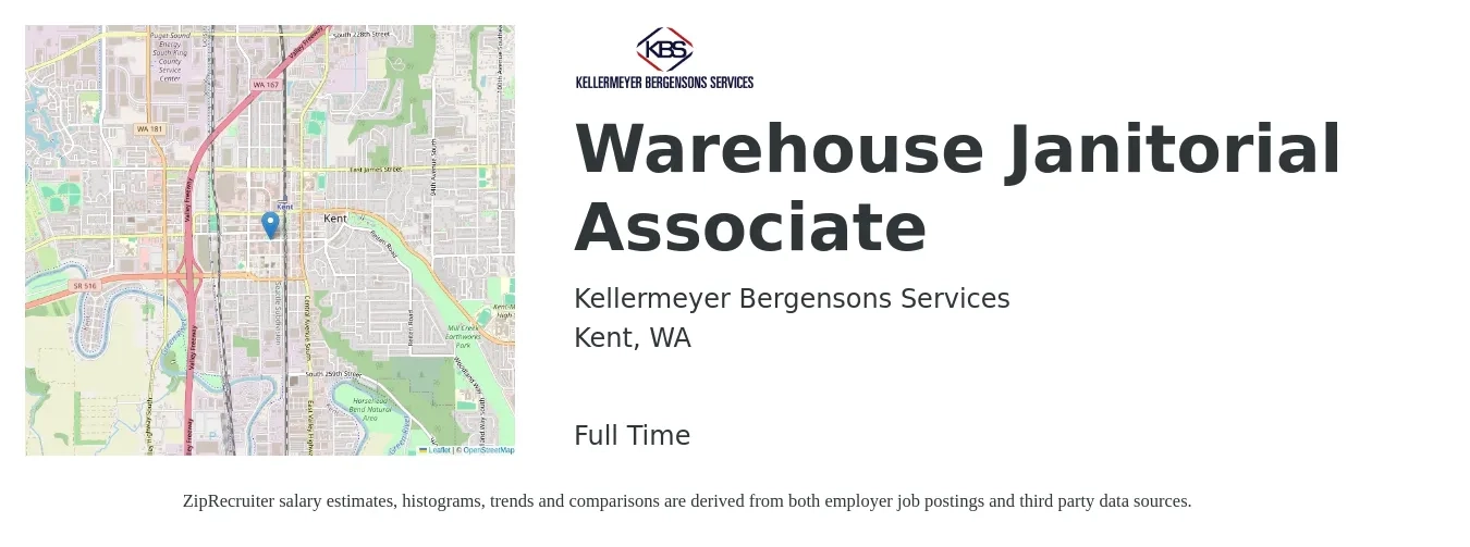 Kellermeyer Bergensons Services job posting for a Warehouse Janitorial Associate in Kent, WA with a salary of $19 Hourly with a map of Kent location.