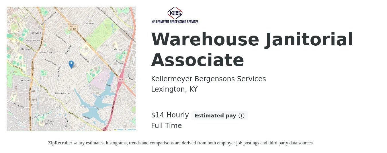 Kellermeyer Bergensons Services job posting for a Warehouse Janitorial Associate in Lexington, KY with a salary of $15 Hourly with a map of Lexington location.