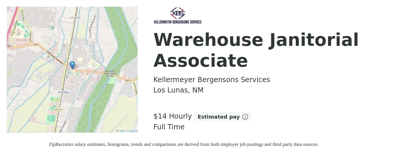 Kellermeyer Bergensons Services job posting for a Warehouse Janitorial Associate in Los Lunas, NM with a salary of $15 Hourly with a map of Los Lunas location.