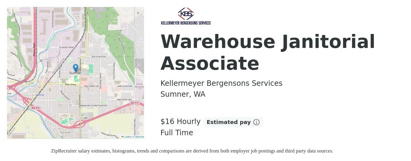 Kellermeyer Bergensons Services job posting for a Warehouse Janitorial Associate in Sumner, WA with a salary of $18 Hourly with a map of Sumner location.
