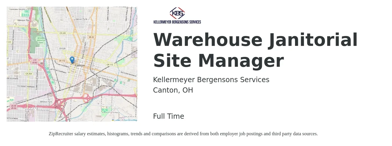 Kellermeyer Bergensons Services job posting for a Warehouse Janitorial Site Manager in Canton, OH with a salary of $55,500 Yearly with a map of Canton location.