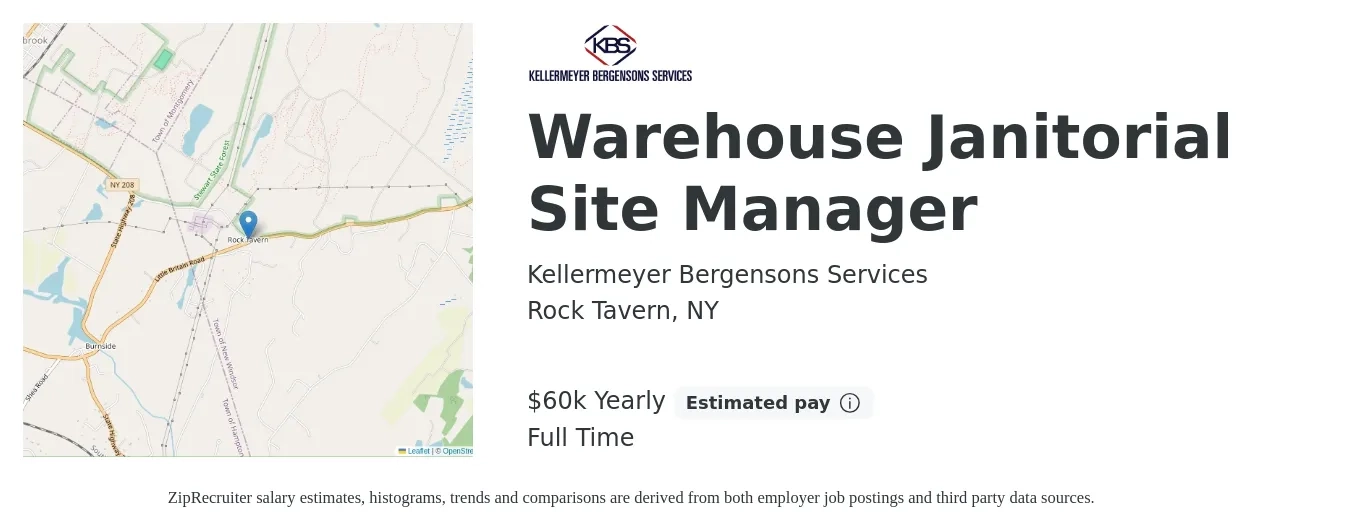 Kellermeyer Bergensons Services job posting for a Warehouse Janitorial Site Manager in Rock Tavern, NY with a salary of $60,000 Yearly with a map of Rock Tavern location.