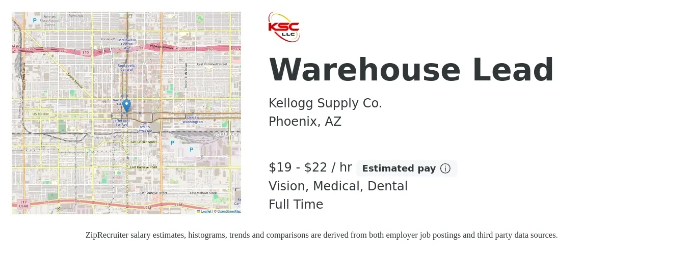 Kellogg Supply Co. job posting for a Warehouse Lead in Phoenix, AZ with a salary of $20 to $23 Hourly and benefits including pto, retirement, vision, dental, life_insurance, and medical with a map of Phoenix location.