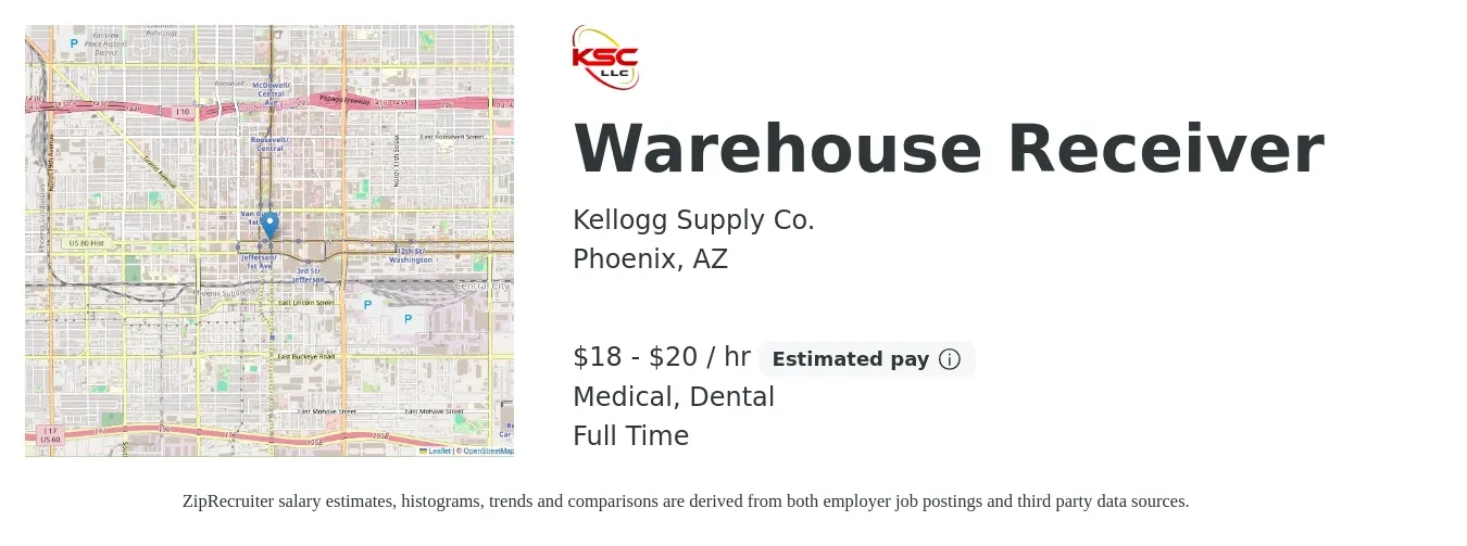 Kellogg Supply Co. job posting for a Warehouse Receiver in Phoenix, AZ with a salary of $17 to $21 Hourly and benefits including dental, life_insurance, medical, and retirement with a map of Phoenix location.