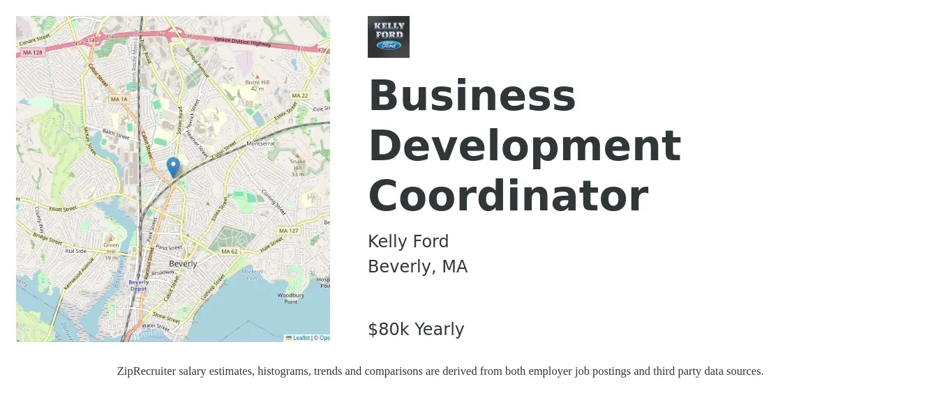 Kelly Ford job posting for a Business Development Coordinator in Beverly, MA with a salary of $80,000 Yearly with a map of Beverly location.