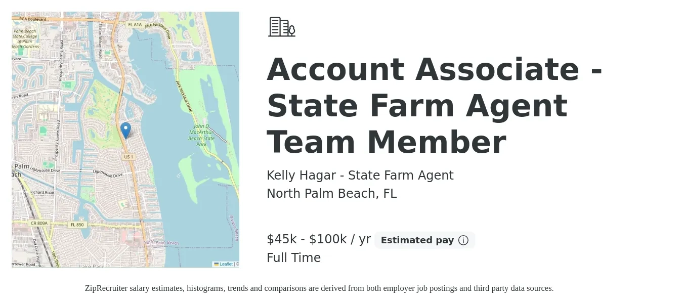Kelly Hagar - State Farm Agent job posting for a Account Associate - State Farm Agent Team Member in North Palm Beach, FL with a salary of $45,000 to $100,000 Yearly with a map of North Palm Beach location.