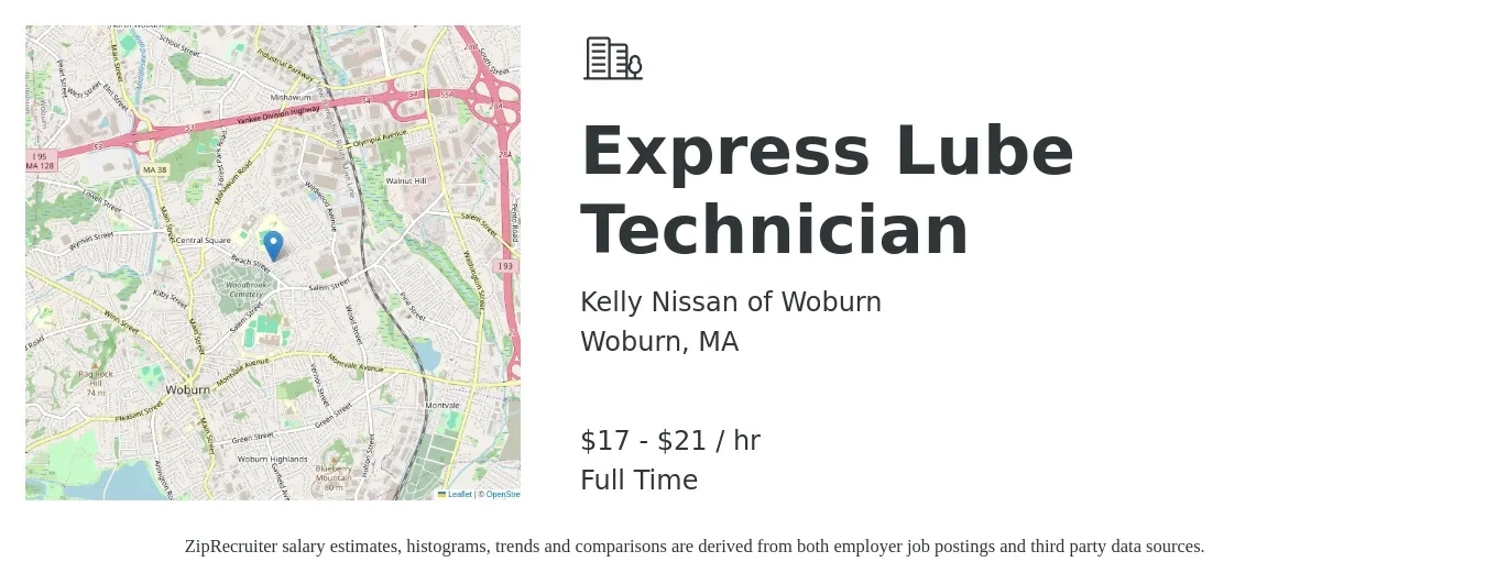 Kelly Nissan of Woburn job posting for a Express Lube Technician in Woburn, MA with a salary of $18 to $22 Hourly with a map of Woburn location.