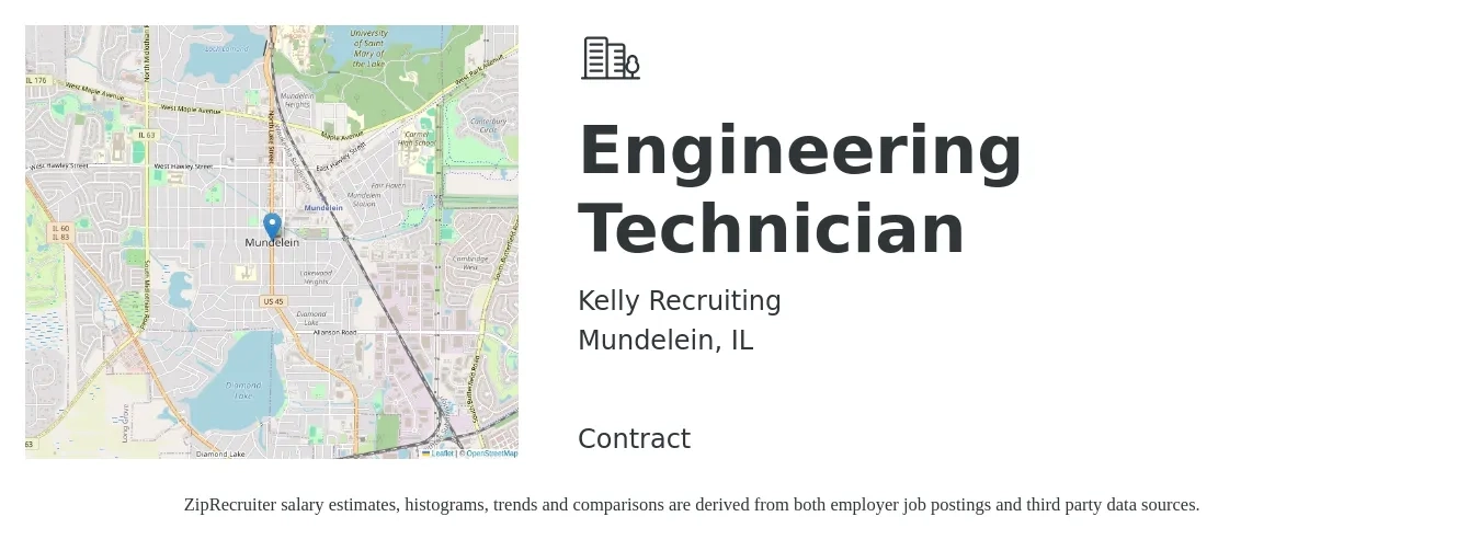 Kelly Recruiting job posting for a Engineering Technician in Mundelein, IL with a salary of $48,000 to $73,500 Yearly with a map of Mundelein location.