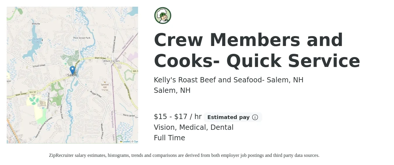 Kelly's Roast Beef and Seafood- Salem, NH job posting for a Crew Members and Cooks- Quick Service in Salem, NH with a salary of $16 to $18 Hourly and benefits including dental, life_insurance, medical, pto, retirement, and vision with a map of Salem location.