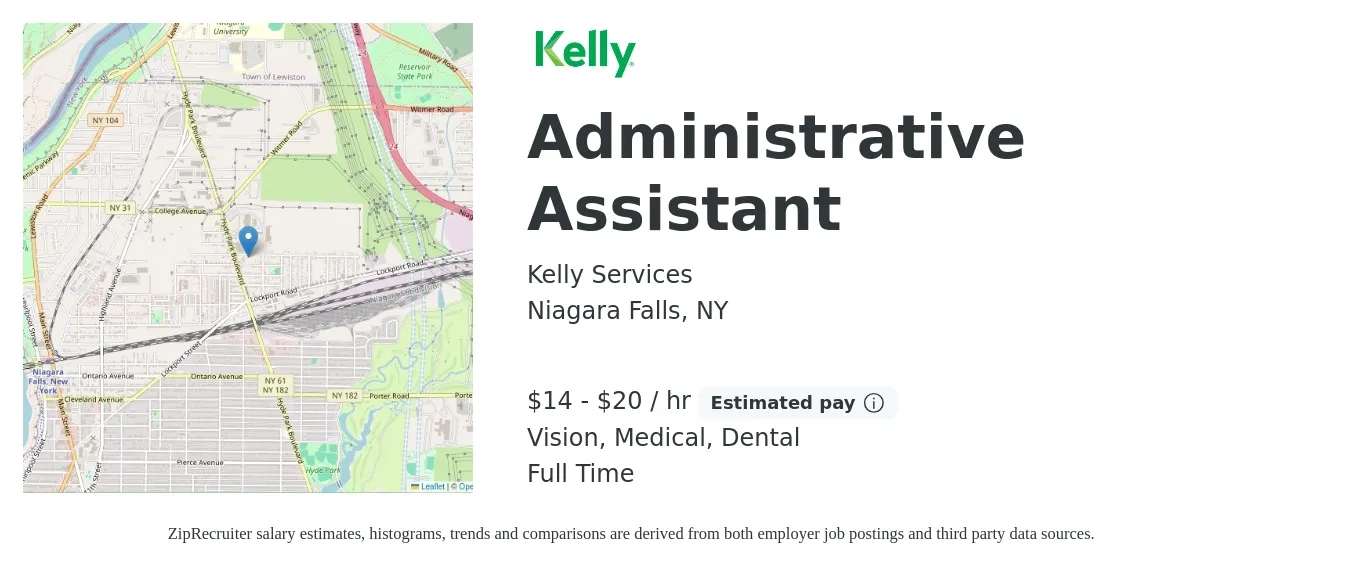 Kelly Services job posting for a Administrative Assistant in Niagara Falls, NY with a salary of $15 to $21 Hourly and benefits including dental, life_insurance, medical, retirement, and vision with a map of Niagara Falls location.