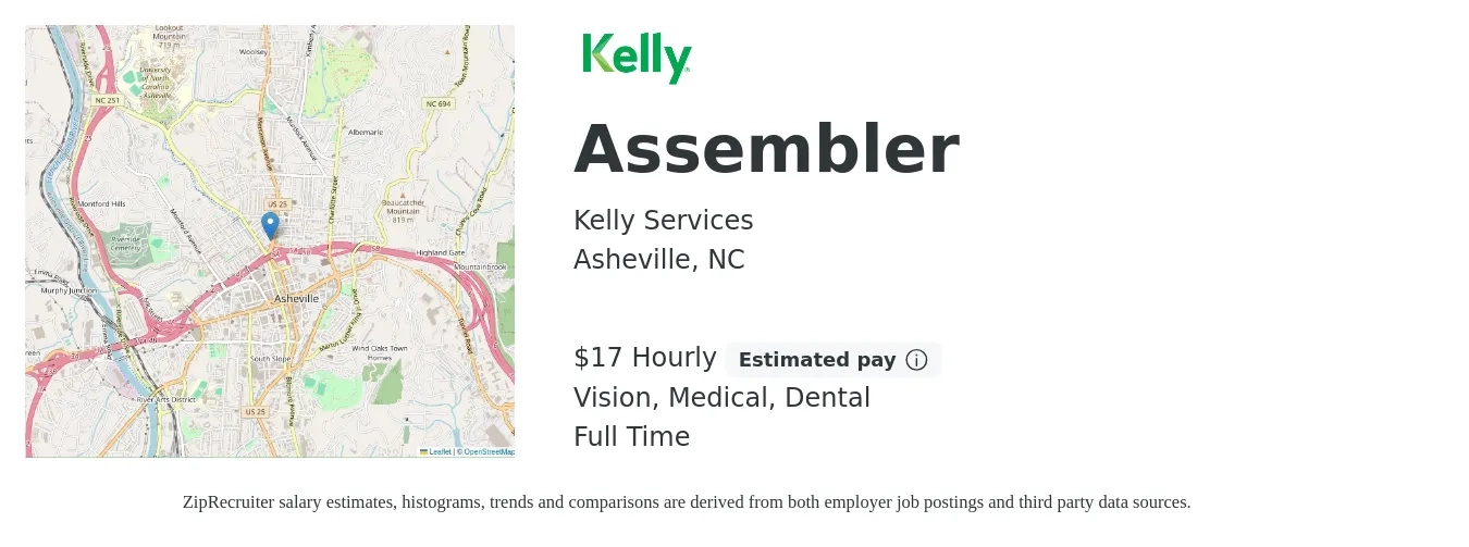 Kelly Services job posting for a Assembler in Asheville, NC with a salary of $18 Hourly and benefits including dental, medical, retirement, and vision with a map of Asheville location.