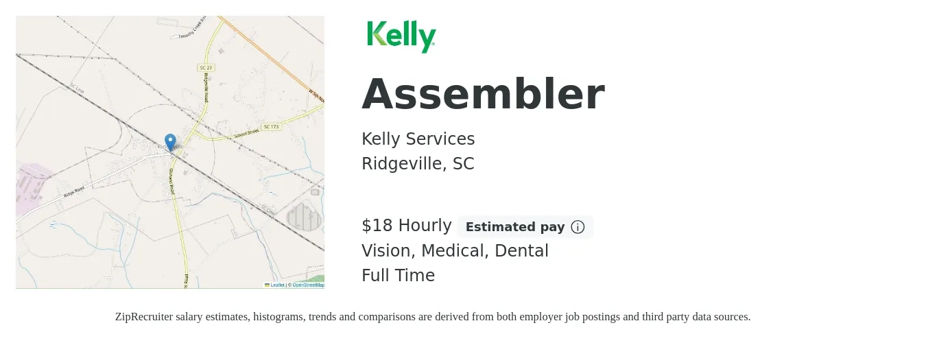 Kelly Services job posting for a Assembler in Ridgeville, SC with a salary of $19 Hourly and benefits including medical, vision, and dental with a map of Ridgeville location.