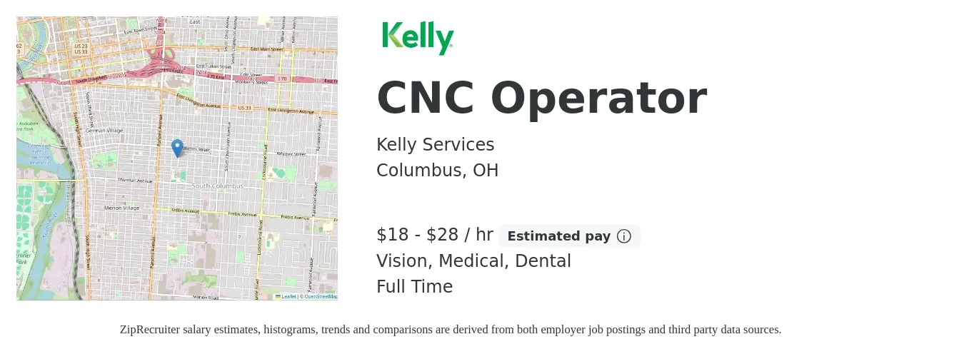 Kelly Services job posting for a CNC Operator in Columbus, OH with a salary of $20 to $29 Hourly and benefits including medical, pto, retirement, vision, dental, and life_insurance with a map of Columbus location.