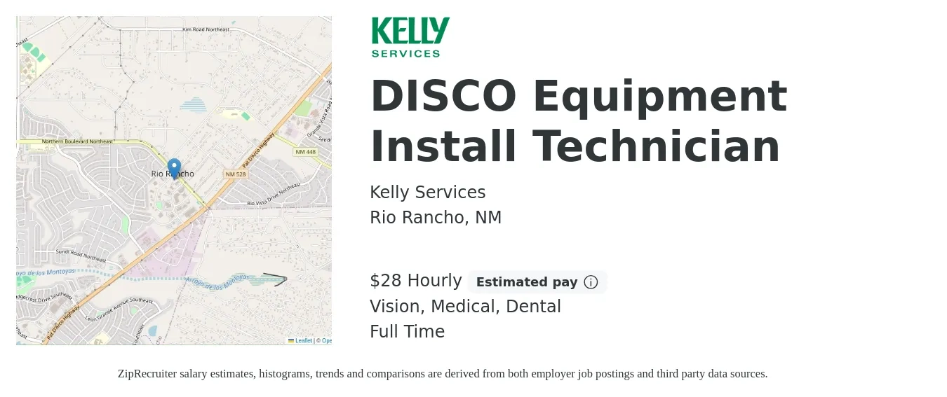 Kelly Services job posting for a DISCO Equipment Install Technician in Rio Rancho, NM with a salary of $30 Hourly and benefits including dental, medical, pto, and vision with a map of Rio Rancho location.