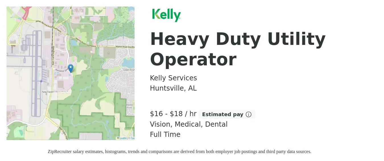 Kelly Services job posting for a Heavy Duty Utility Operator in Huntsville, AL with a salary of $17 to $19 Hourly and benefits including dental, life_insurance, medical, retirement, and vision with a map of Huntsville location.