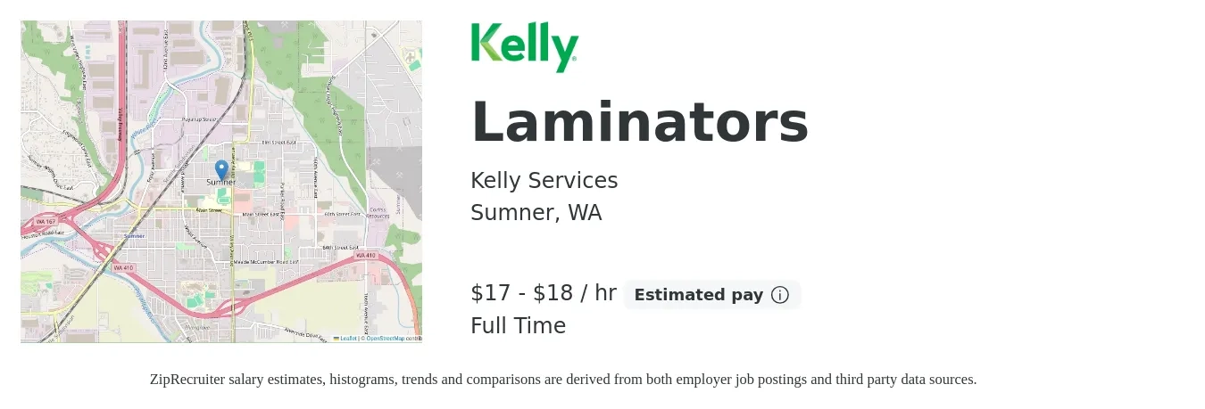 Kelly Services job posting for a Laminators in Sumner, WA with a salary of $18 to $19 Hourly with a map of Sumner location.