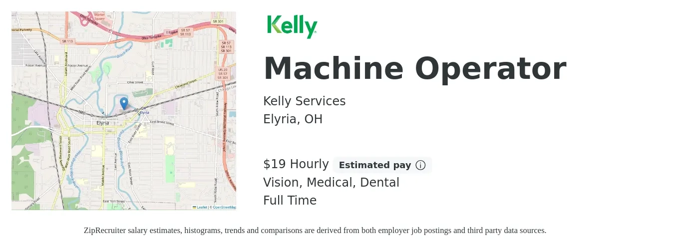 Kelly Services job posting for a Machine Operator in Elyria, OH with a salary of $20 Hourly and benefits including vision, dental, medical, and retirement with a map of Elyria location.