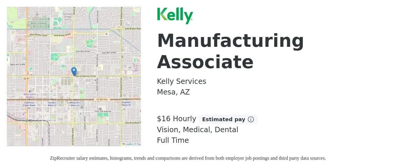 Kelly Services job posting for a Manufacturing Associate in Mesa, AZ with a salary of $17 Hourly and benefits including vision, dental, and medical with a map of Mesa location.
