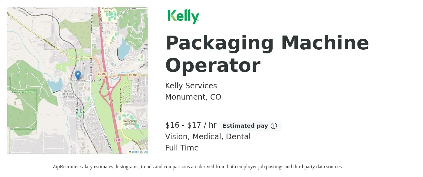 Kelly Services job posting for a Packaging Machine Operator in Monument, CO with a salary of $17 to $19 Hourly and benefits including dental, medical, retirement, and vision with a map of Monument location.