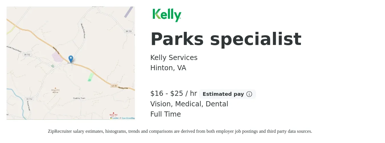 Kelly Services job posting for a Parks specialist in Hinton, VA with a salary of $17 to $27 Hourly and benefits including medical, vision, and dental with a map of Hinton location.