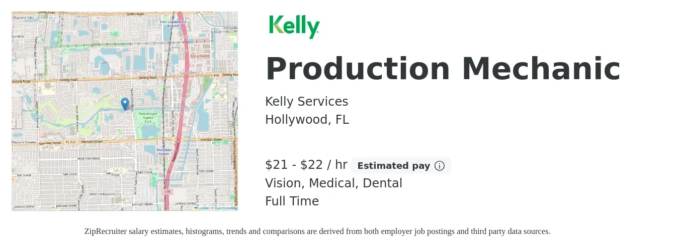 Kelly Services job posting for a Production Mechanic in Hollywood, FL with a salary of $22 to $23 Hourly and benefits including dental, medical, and vision with a map of Hollywood location.
