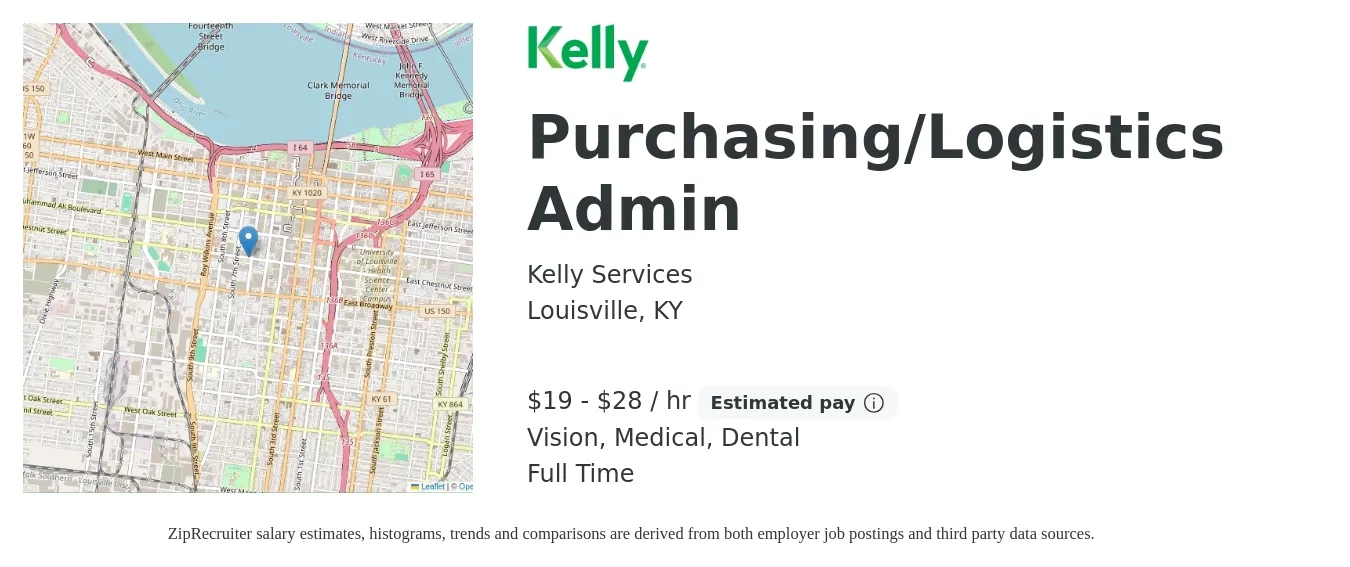 Kelly Services job posting for a Purchasing/Logistics Admin in Louisville, KY with a salary of $20 to $30 Hourly and benefits including dental, medical, and vision with a map of Louisville location.