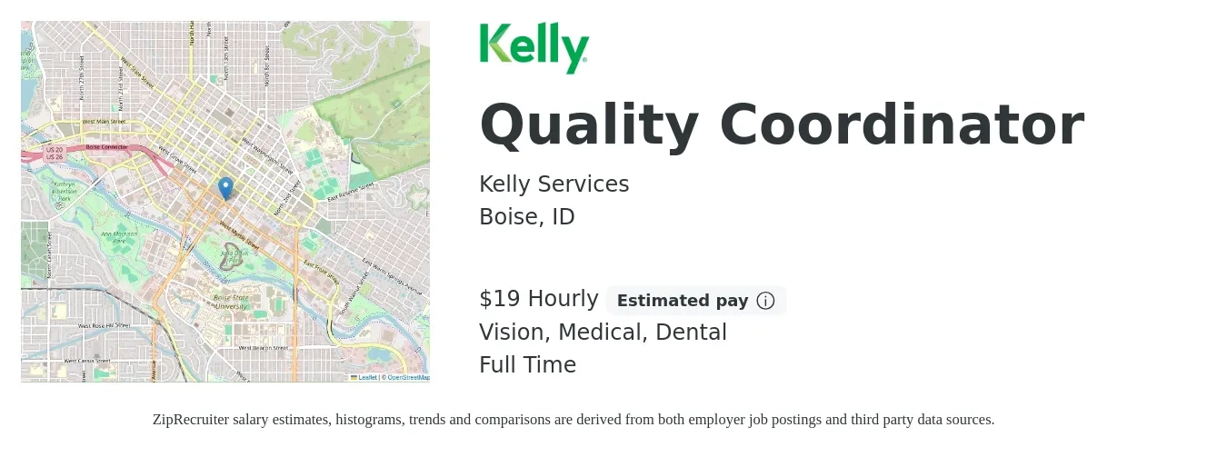 Kelly Services job posting for a Quality Coordinator in Boise, ID with a salary of $20 Hourly and benefits including vision, dental, and medical with a map of Boise location.