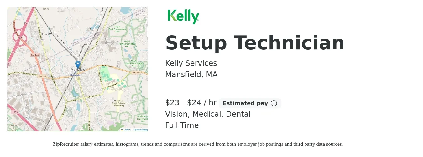 Kelly Services job posting for a Setup Technician in Mansfield, MA with a salary of $24 to $25 Hourly and benefits including medical, pto, retirement, vision, dental, and life_insurance with a map of Mansfield location.