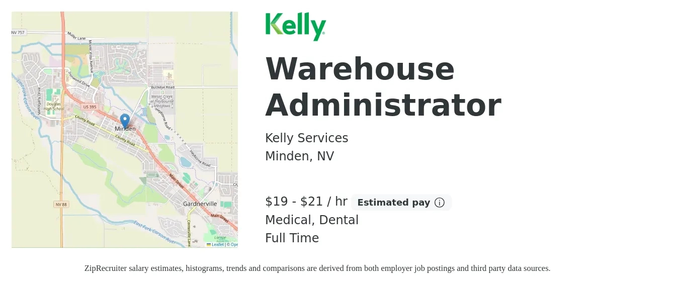 Kelly Services job posting for a Warehouse Administrator in Minden, NV with a salary of $20 to $22 Hourly with a map of Minden location.