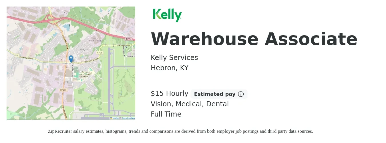 Kelly Services job posting for a Warehouse Associate in Hebron, KY with a salary of $16 Hourly and benefits including retirement, vision, dental, life_insurance, medical, and pto with a map of Hebron location.