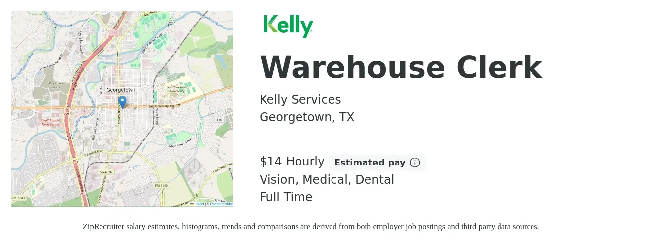 Kelly Services job posting for a Warehouse Clerk in Georgetown, TX with a salary of $15 Hourly and benefits including vision, dental, and medical with a map of Georgetown location.