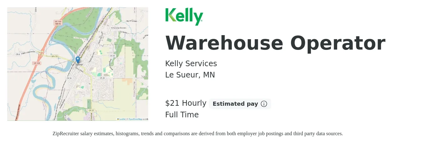 Kelly Services job posting for a Warehouse Operator in Le Sueur, MN with a salary of $22 Hourly with a map of Le Sueur location.