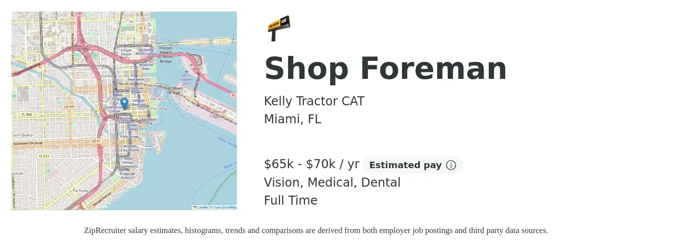 Kelly Tractor CAT job posting for a Shop Foreman in Miami, FL with a salary of $65,000 to $70,000 Yearly and benefits including dental, life_insurance, medical, retirement, and vision with a map of Miami location.