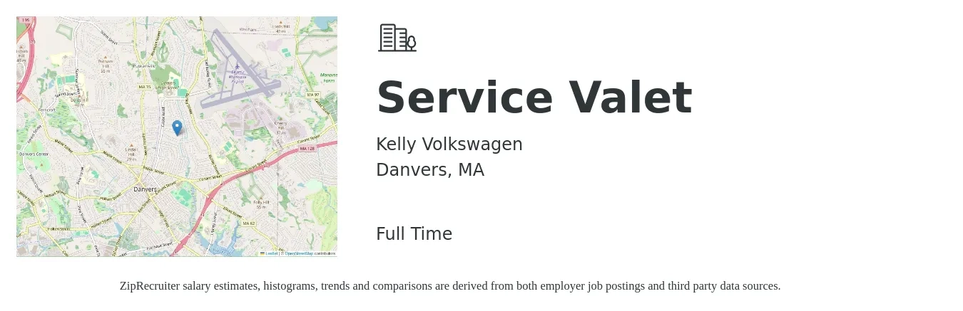 Kelly Volkswagen job posting for a Service Valet in Danvers, MA with a salary of $16 to $21 Hourly with a map of Danvers location.