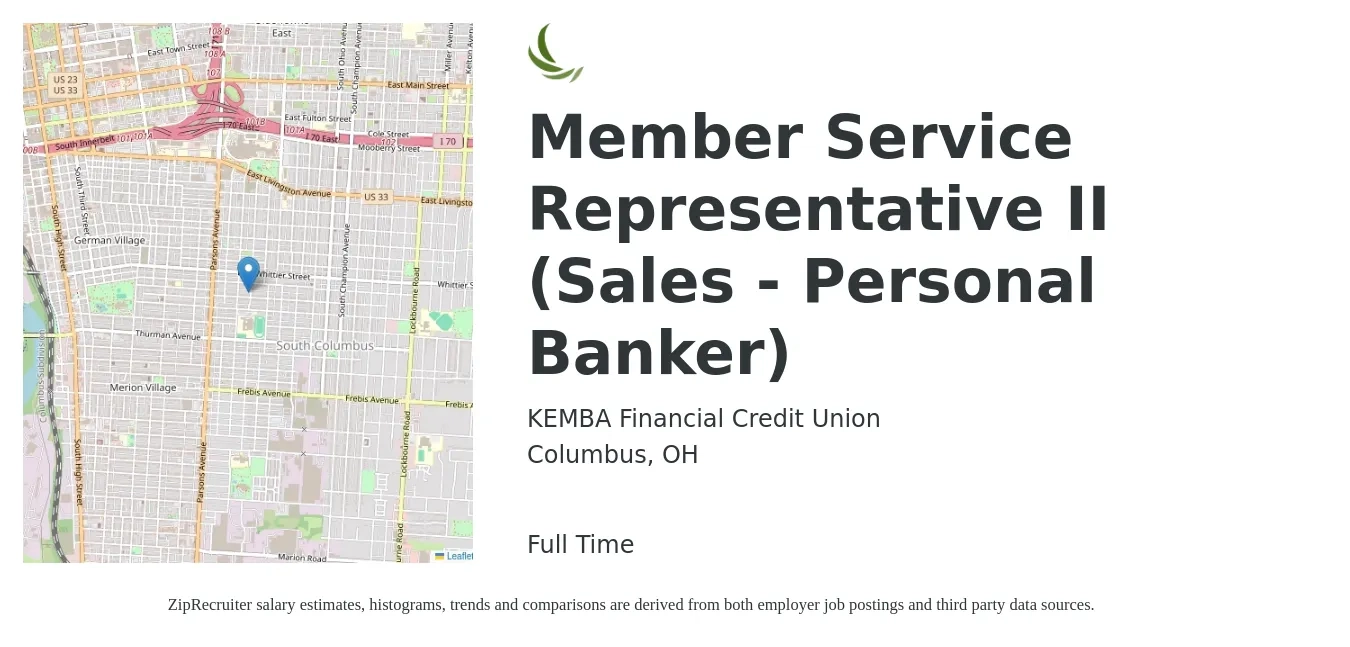 KEMBA Financial Credit Union job posting for a Member Service Representative II (Sales - Personal Banker) in Columbus, OH with a salary of $12 to $19 Hourly with a map of Columbus location.