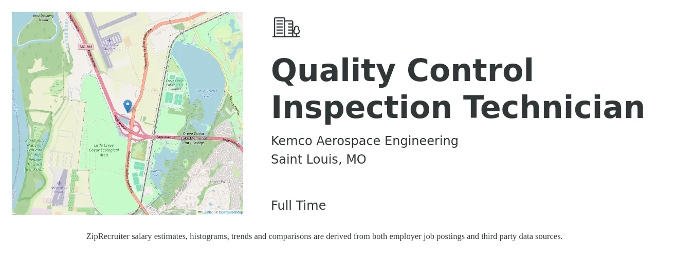 Kemco Aerospace Engineering job posting for a Quality Control Inspection Technician in Saint Louis, MO with a salary of $18 to $23 Hourly with a map of Saint Louis location.