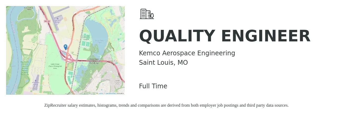 Kemco Aerospace Engineering job posting for a QUALITY ENGINEER in Saint Louis, MO with a salary of $67,400 to $87,100 Yearly with a map of Saint Louis location.
